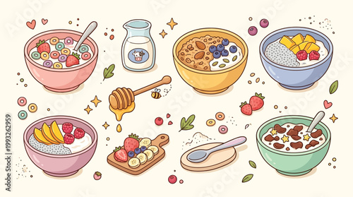 A charming collection of various breakfast bowls filled with cereals, fruits, and milk, presented in a delightful, hand-drawn illustration style.