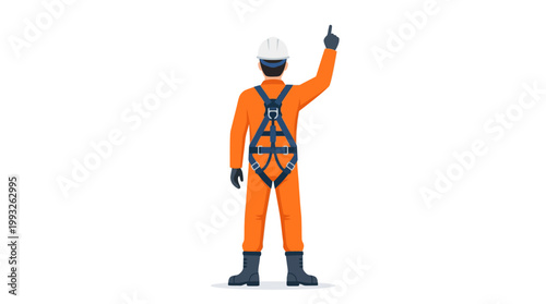 Construction worker in orange high-visibility safety suit with helmet and harness signaling with a raised hand on a white background