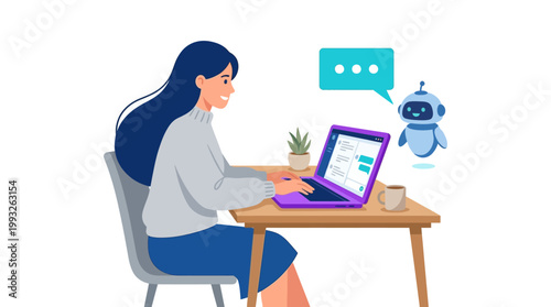 Woman working at a tidy home office desk on a laptop, with a plant nearby and a friendly floating robot assistant, showcasing modern remote work and technology.