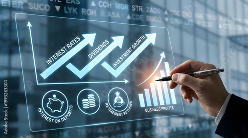 Concept interest rates and dividends ,investment growth percentage and interest on deposits ,increase in interest rates ,Retirement returns ,increase of business profits,finance and investment