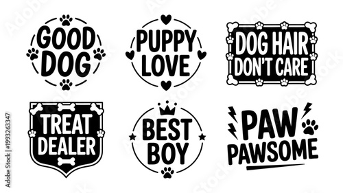 Collection of cute dog quotes and phrases with paw prints and bones