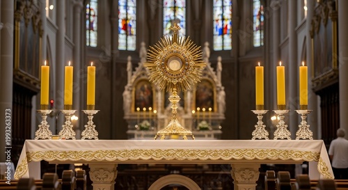 Golden altar setup in Corpus Christi church with candles and decorative elements