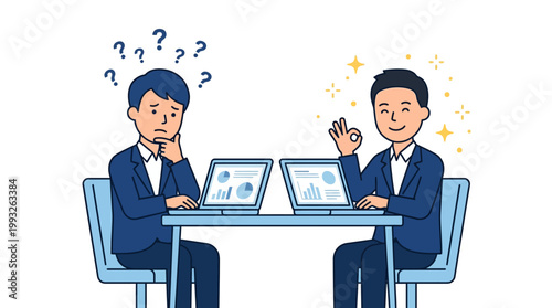 Two business professionals at a conference table, one puzzled with question marks over his head and the other confident with sparkles, brainstorming and presenting solutions