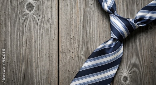 Father's day gift idea stylish blue striped tie on wooden background