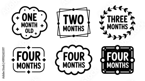 Baby age milestone labels one to four months old icons