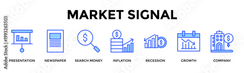 Market Signal  Banner Web  Icon Set Collection Pack Vector Illustration Concept Containing Presentation, Newspaper, Search Money, Inflation, Recession, Growth, Company