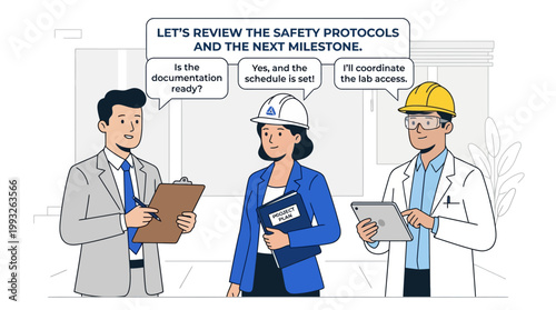 Professional team reviews safety protocols in PPE during a milestone safety briefing and planning discussion.