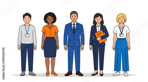 Diverse group of professional colleagues standing in a line in a modern office, showcasing teamwork and inclusive corporate culture