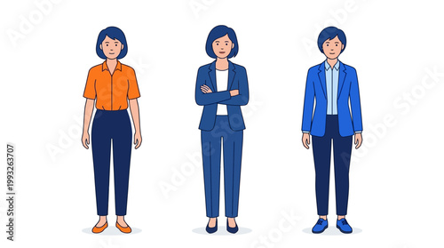 Group of three professionals in business attire standing together in a modern office illustration