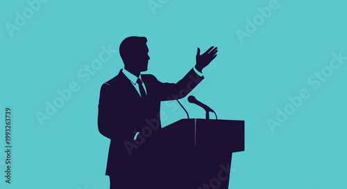 Illustration of silhouette of a man in a suit giving a speech at a podium with a microphone, against a teal background