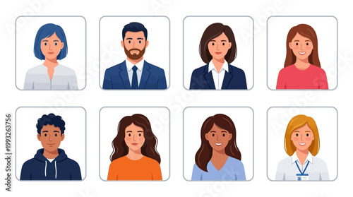 Diverse illustrated professionals avatar set featuring doctors, nurses, and business professionals for healthcare and corporate branding