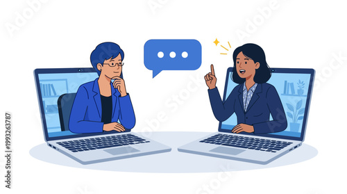 Two professionals collaborating in a virtual meeting on laptops, discussing ideas and planning a project