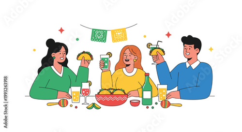 Flat style vector illustration of friends enjoying tacos and drinks at festive table, representing Cinco de Mayo celebration, Mexican food culture, and social gathering atmosphere