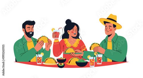 Flat style vector illustration of friends enjoying tacos and drinks at festive table, representing Cinco de Mayo celebration, Mexican food culture, and social gathering atmosphere