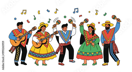 Flat style vector illustration of mariachi band performing with instruments and traditional outfits, representing Mexican culture, live music, and festive Cinco de Mayo celebration