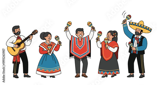 Flat style vector illustration of mariachi band performing with instruments and traditional outfits, representing Mexican culture, live music, and festive Cinco de Mayo celebration
