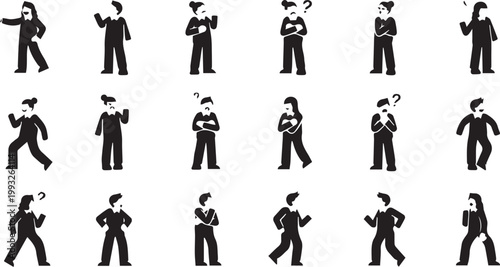 eople silhouettes with thinking and confused poses, human figures expressing doubt, questions and decision making vector illustration set isolated on white background