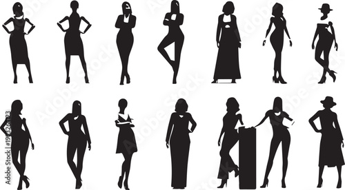 Elegant women silhouettes collection with fashion poses, stylish female figures in dresses and casual outfits vector illustration set isolated on white background