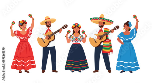 Flat style vector illustration of mariachi band performing with instruments and traditional outfits, representing Mexican culture, live music, and festive Cinco de Mayo celebration
