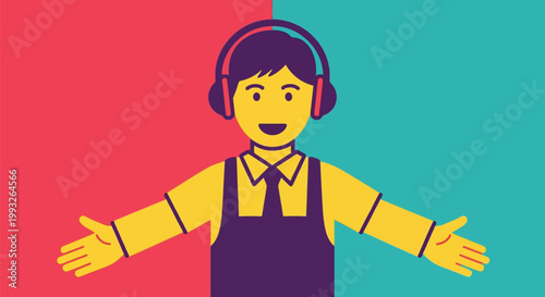 Illustration of a cheerful person wearing headphones and an apron, with arms outstretched, standing against a split background of pink and teal, conveying a welcoming or energetic mood