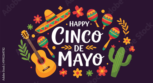 Flat style vector illustration of Happy Cinco de Mayo banner with sombrero, maracas, guitar, cactus and flowers on dark background, vibrant festive design