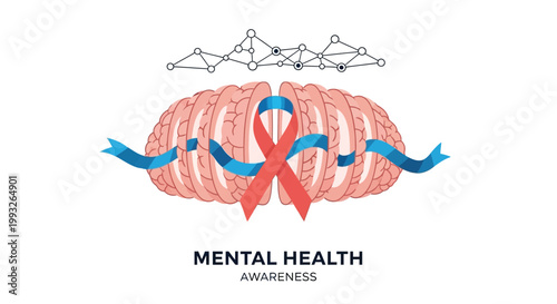 Mental health awareness brain, red ribbon symbol, mental wellness vector icon