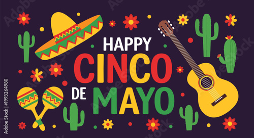 Flat style vector illustration of Happy Cinco de Mayo banner with sombrero, maracas, guitar, cactus and flowers on dark background, vibrant festive design