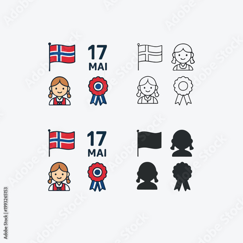 Doodle Sketch Icon Set – Norway Constitution Day, Flag, Parade, Traditional Symbols
