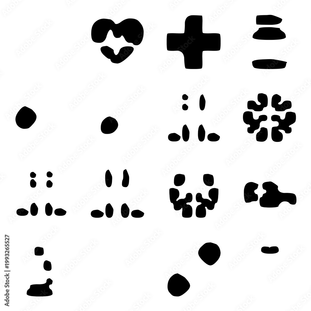 Fototapeta premium Abstract organic shapes and irregular symbols in black on white, hand-drawn graphic elements for modern design projects and artistic compositions