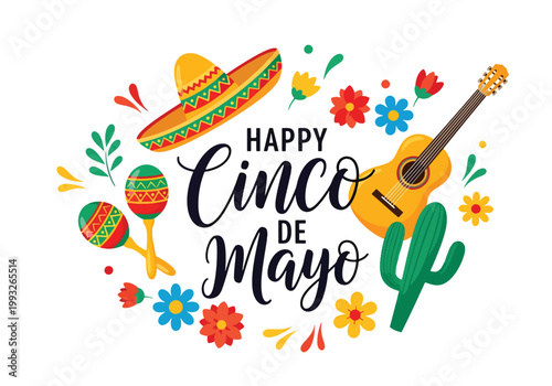 Flat style vector illustration of Cinco de Mayo greeting with sombrero, maracas, guitar and floral elements on light background, festive Mexican celebration concept
