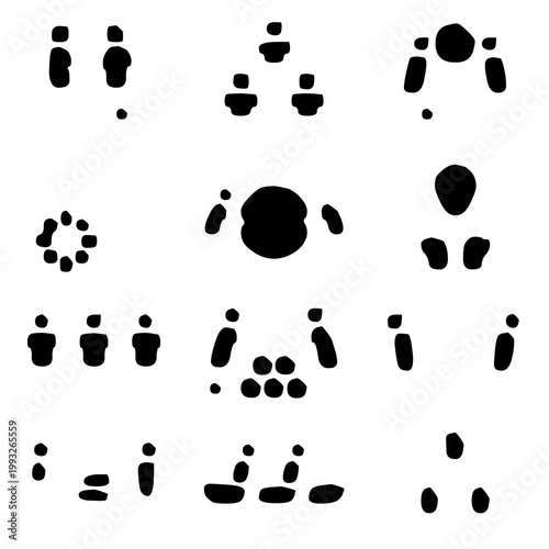 Abstract black human figures symbolizing various group dynamics, social interactions, community building, and networking concepts within a minimalist design