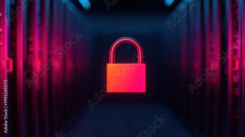 Password security, A glowing red padlock icon floats in a dark server room, symbolizing cybersecurity and data protection in a digital environment.