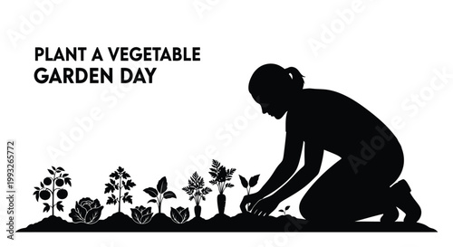 Silhouette of a woman planting organic vegetables in a garden for this vector graphic design illustration