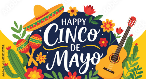 Flat style vector illustration of Cinco de Mayo greeting with sombrero, maracas, guitar and floral elements on light background, festive Mexican celebration concept