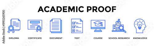 Academic Proof  Banner Web  Icon Set Collection Pack Vector Illustration Concept Containing Diploma, Certificate, Document, Test, Course, School Research, Knowledge