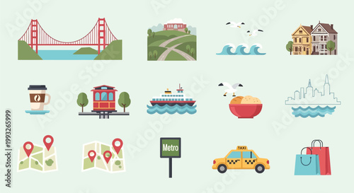 Flat design travel and tourism icons featuring San Francisco landmarks, city elements, transport, and tourist activities in a minimalist vector illustration style.