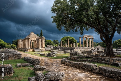 Ancient Greek temple ruins with dramatic stormy sky landscape