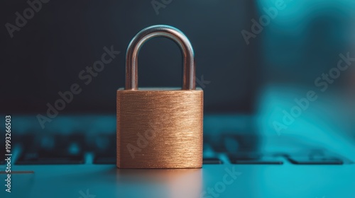 Password security, A close-up of a brass padlock on a surface with a blurred keyboard in the background, symbolizing security and protection.