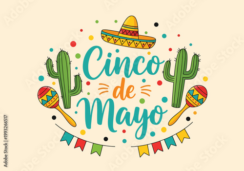 Flat style vector illustration of Cinco de Mayo banner with cactus, sombrero, maracas and confetti elements, festive ribbon composition for celebration design