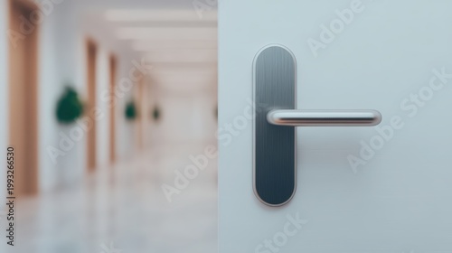 Password security, A close-up of a modern silver door handle on a white door, with a blurred hallway in the background.