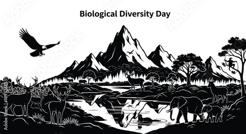 Beautiful vector graphic illustration depicting various wild animals in their natural forest and mountain habitat environment