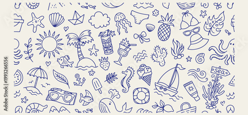 Nautical blue and sea life elements, ocean animal and island doodles set, blue ink sea shells and fish, maritime travel and vacation illustration, hand drawn nautical icons for branding, coastal natur
