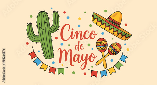 Flat style vector illustration of Cinco de Mayo banner with cactus, sombrero, maracas and confetti elements, festive ribbon composition for celebration design