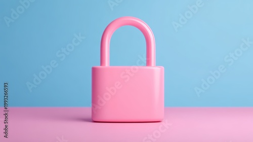 Password security, A pastel pink padlock stands upright on a pink surface against a blue background, symbolizing security with a soft, modern aesthetic.