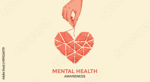 Mental health awareness, heart with cracks, broken heart, mental wellness, support vector