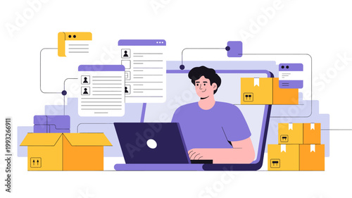 Ecommerce fulfillment workflow with user managing orders and packages on laptop vector illustration