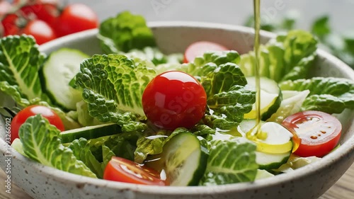 Pouring extra virgin olive oil over fresh garden vegetable salad