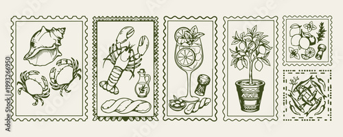 Mediterranean drinks and seafood restaurant art, vintage lobster and cocktail illustration, fresh seafood and beach bar doodles, summer drink and restaurant menu elements, mediterranean lifestyle and 