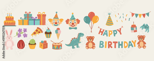 Birthday party and circus carnival, clown and balloons and dinosaur, happy kids celebration vector illustration, festive party and cake doodles, circus animals and fun collection, hand drawn childhood