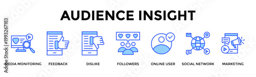 Audience Insight  Banner Web  Icon Set Collection Pack Vector Illustration Concept Containing Media Monitoring, Feedback, Dislike, Followers, Online User, Social Network, Marketing